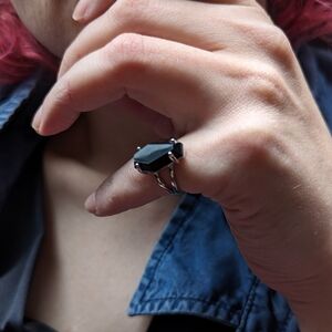 Silver Rhodium Plated Black Resin Coffin Shaped Ring Goth Whimsigoth Grunge Punk